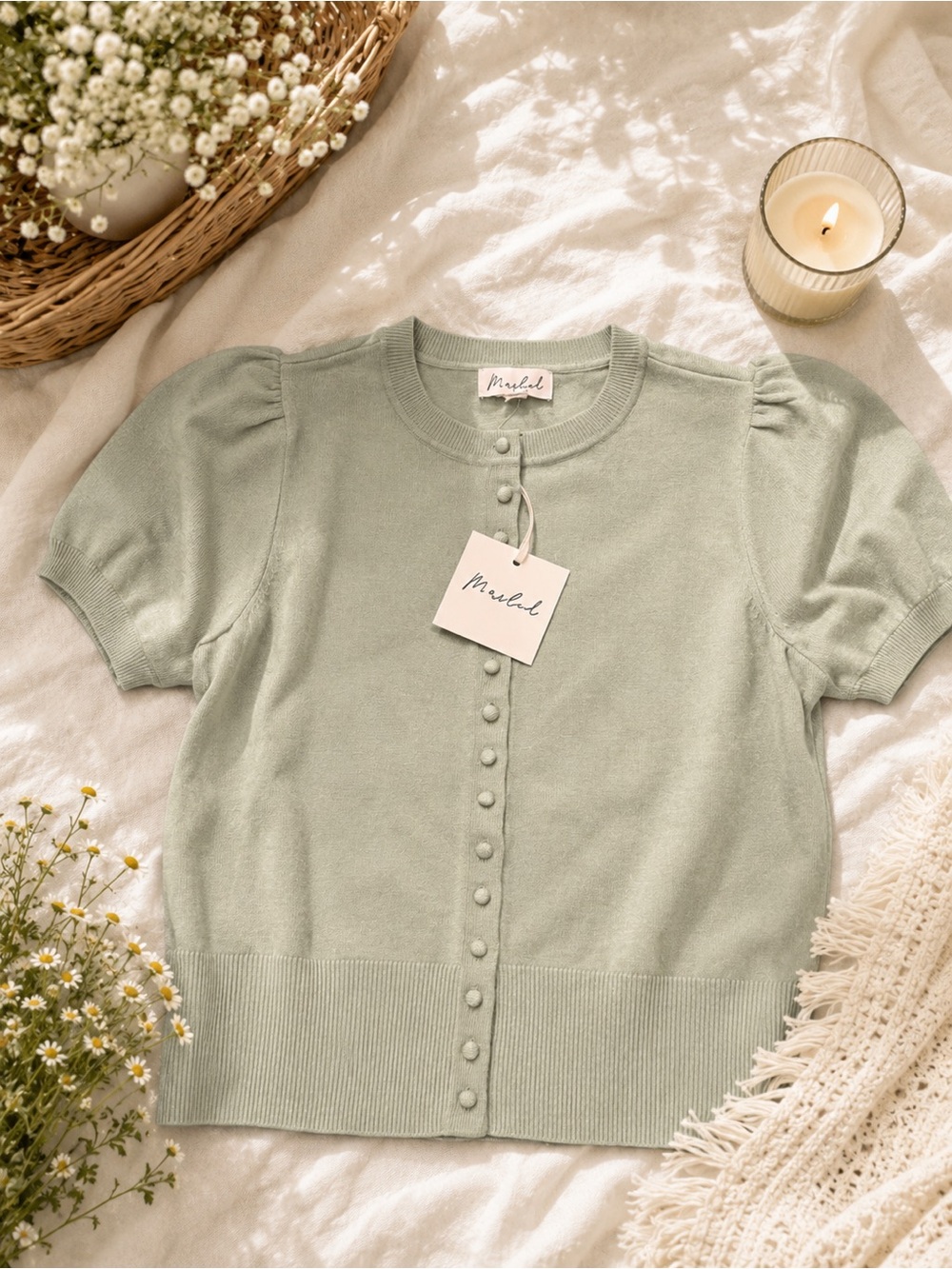 Marled Sage Green Short Sleeve Button Cardigan